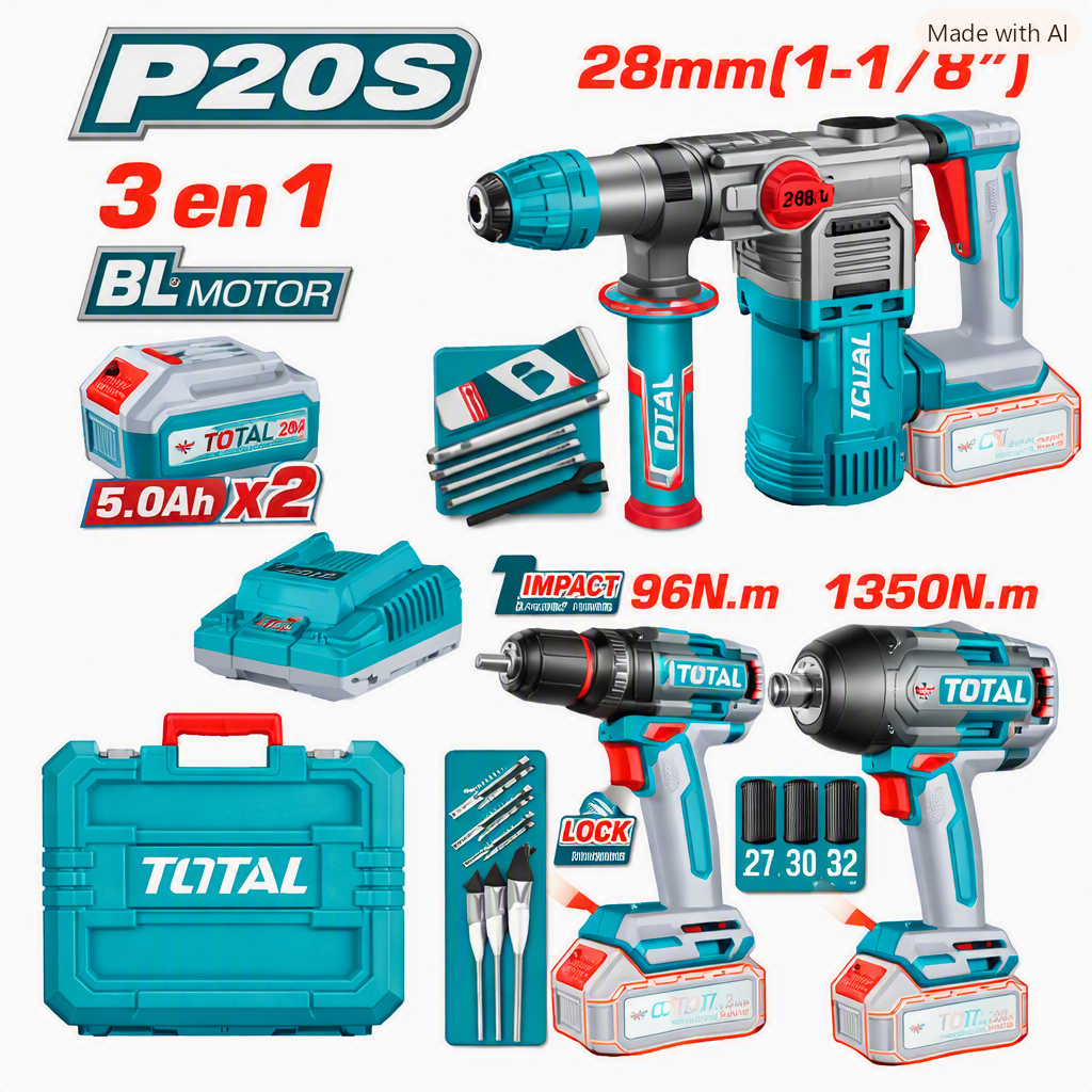 COMBO 20V ROTOMARTILLO 28MM +  TALADRO 96NM + LLAVE IMPACTO 1350NM  2X5.0AH + ACC INDUSTRIAL