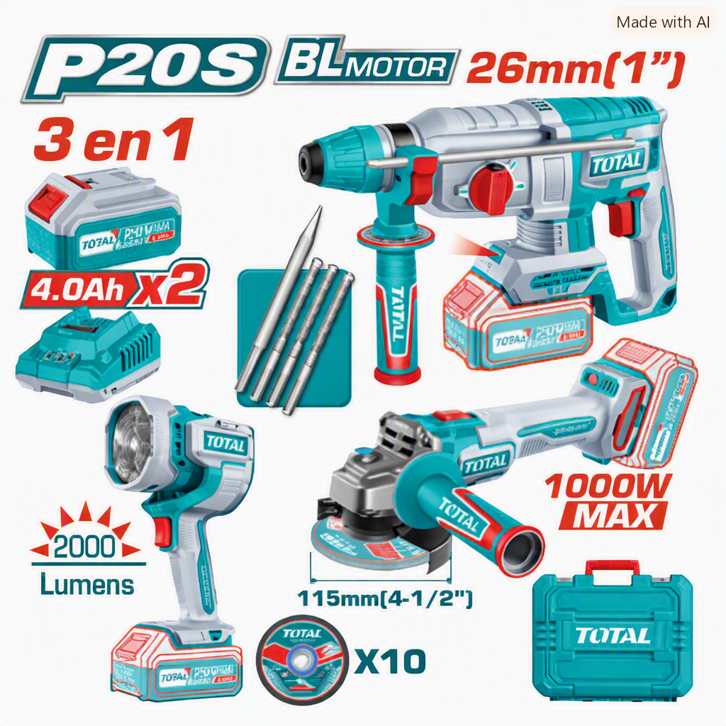 COMBO 3 EN 1 ROTOMARTILLO 26MM +  AMOLADORA 1000W + LINTERNA 2X4.0AH +  ACC MALETIN INDUSTRIAL