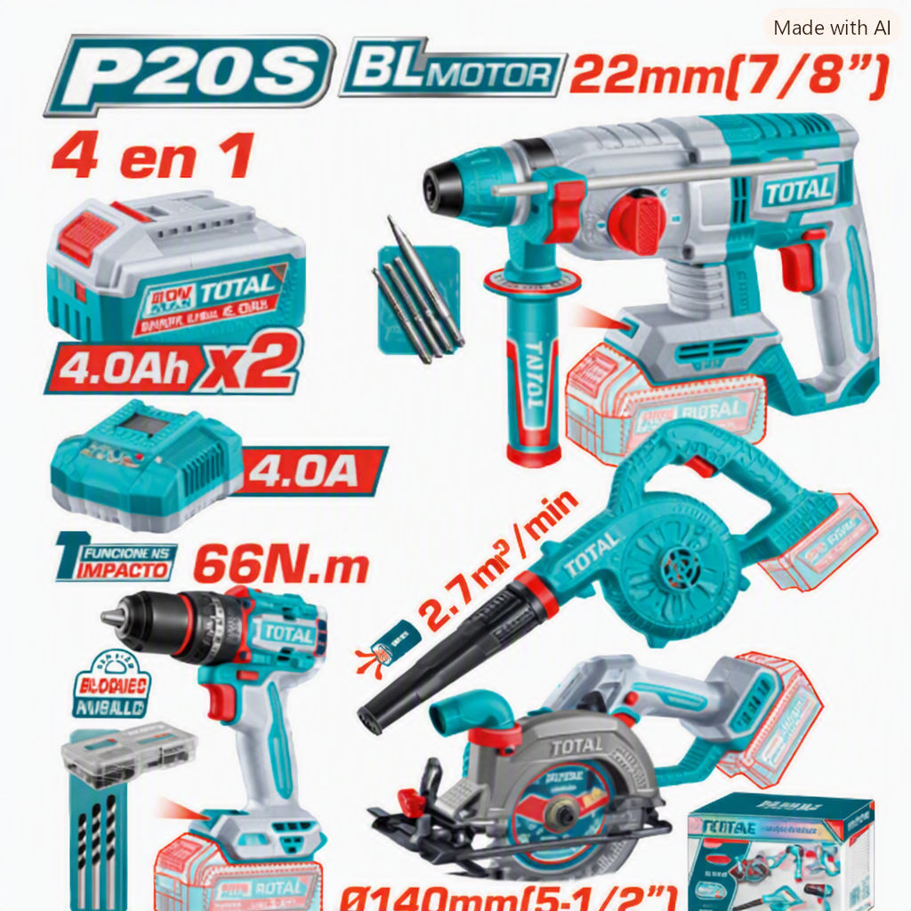 COMBO 4 EN 1 ROTOMARTILLO 22MM +  TALADRO IMP. 66NM + SOPLADOR + SIERRA  2X4.0AH + ACC