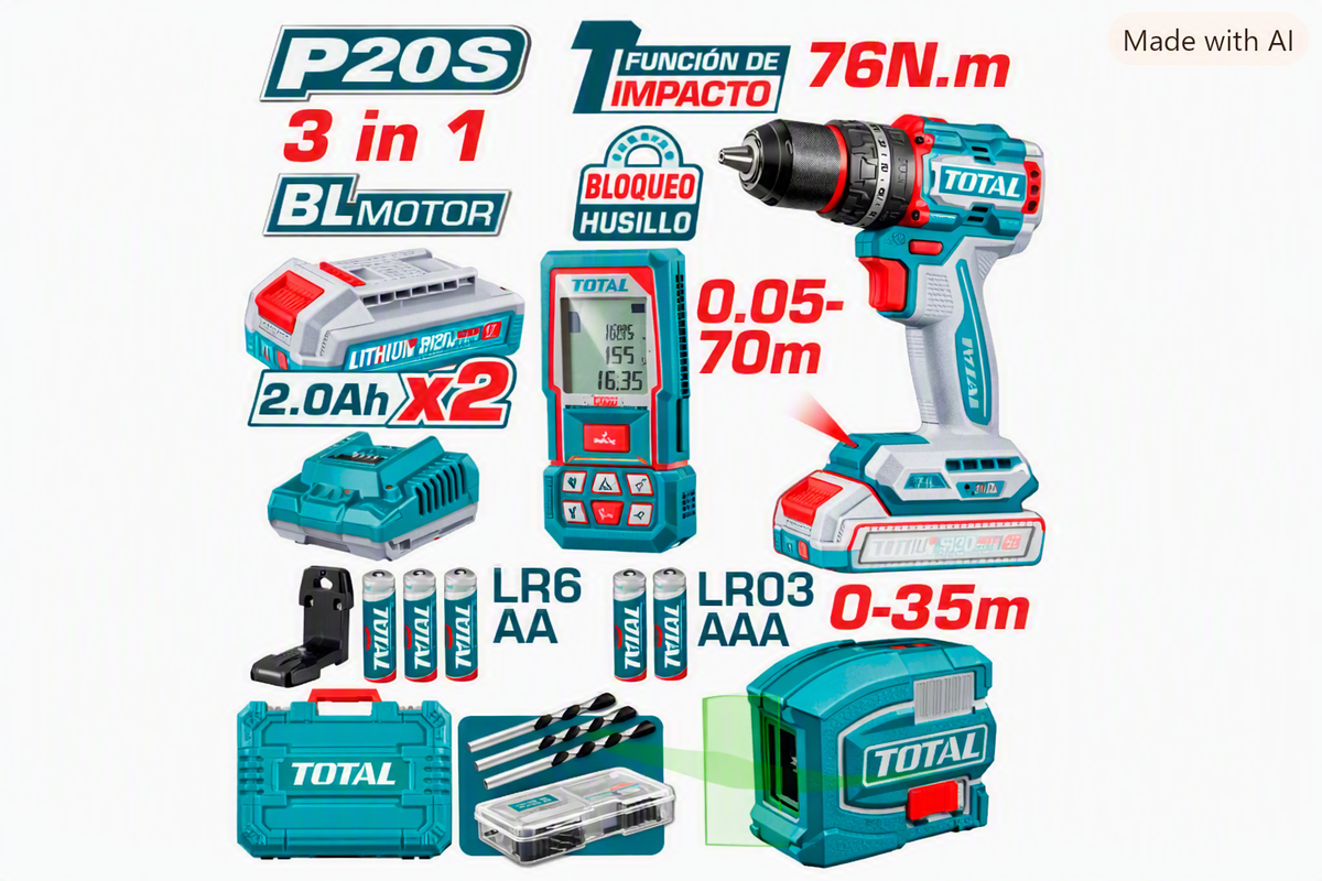 COMBO 3 EN 1 TALADRO IMPACTO 76NM +  NIVEL LASER + MEDIDOR DISTANCIA 2X2.0AH  + ACC INDUSTRIAL